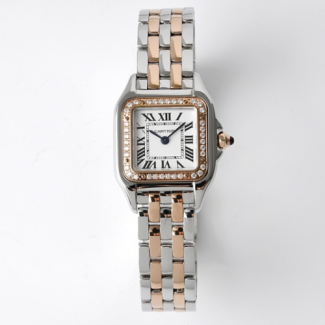 CARTIER 까르띠에 팬더 드 브릴리언트 컷 다이아몬드 핑크골드 스틸 케이스 화이트 다이얼 쿼츠 메탈 시계 W3PN0006